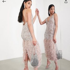 ASOS EDITION crystal floral embellished cami midi dress with feathers